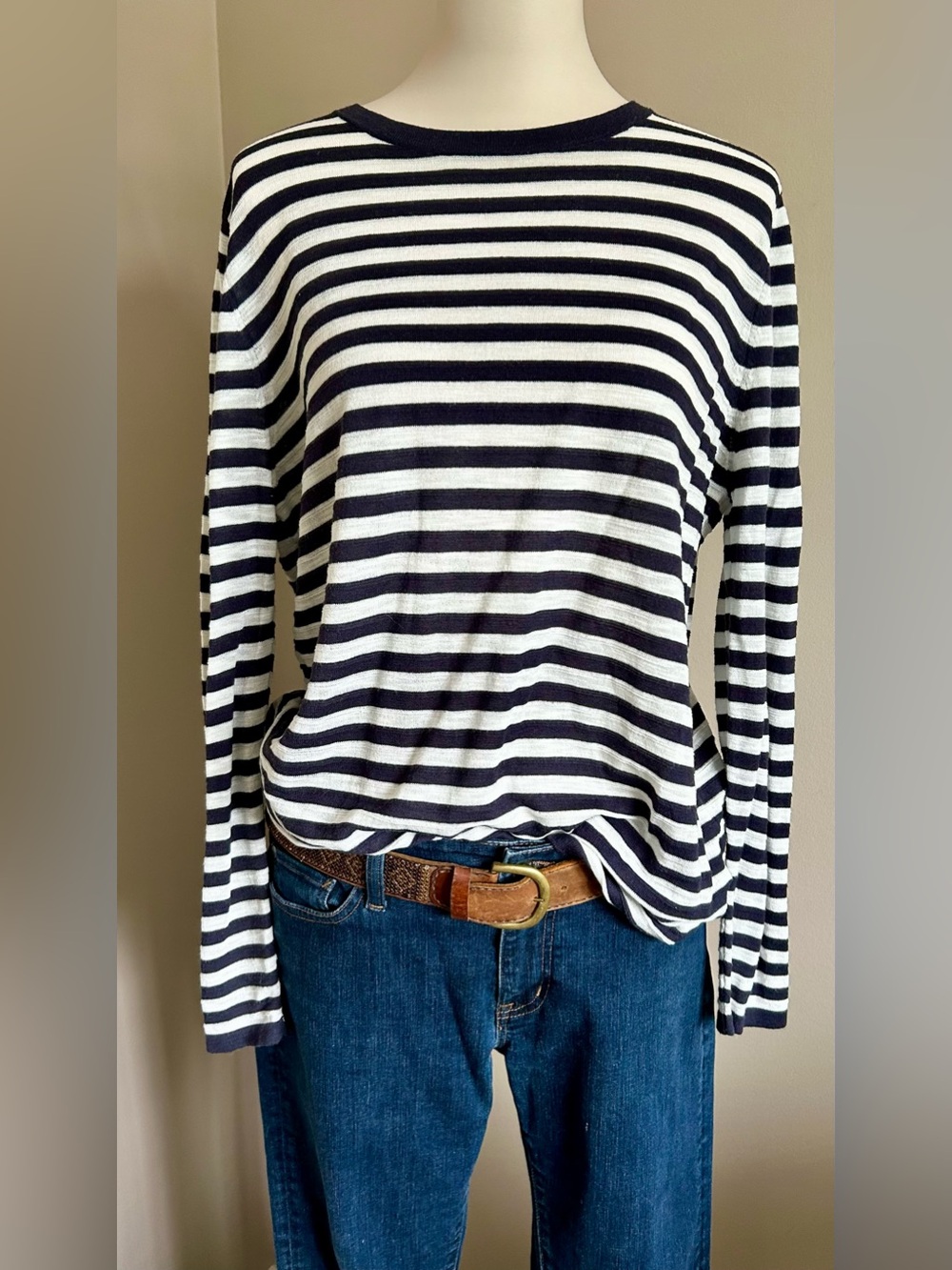 Zara Navy & White Knit Long Sleeved T-Shirt